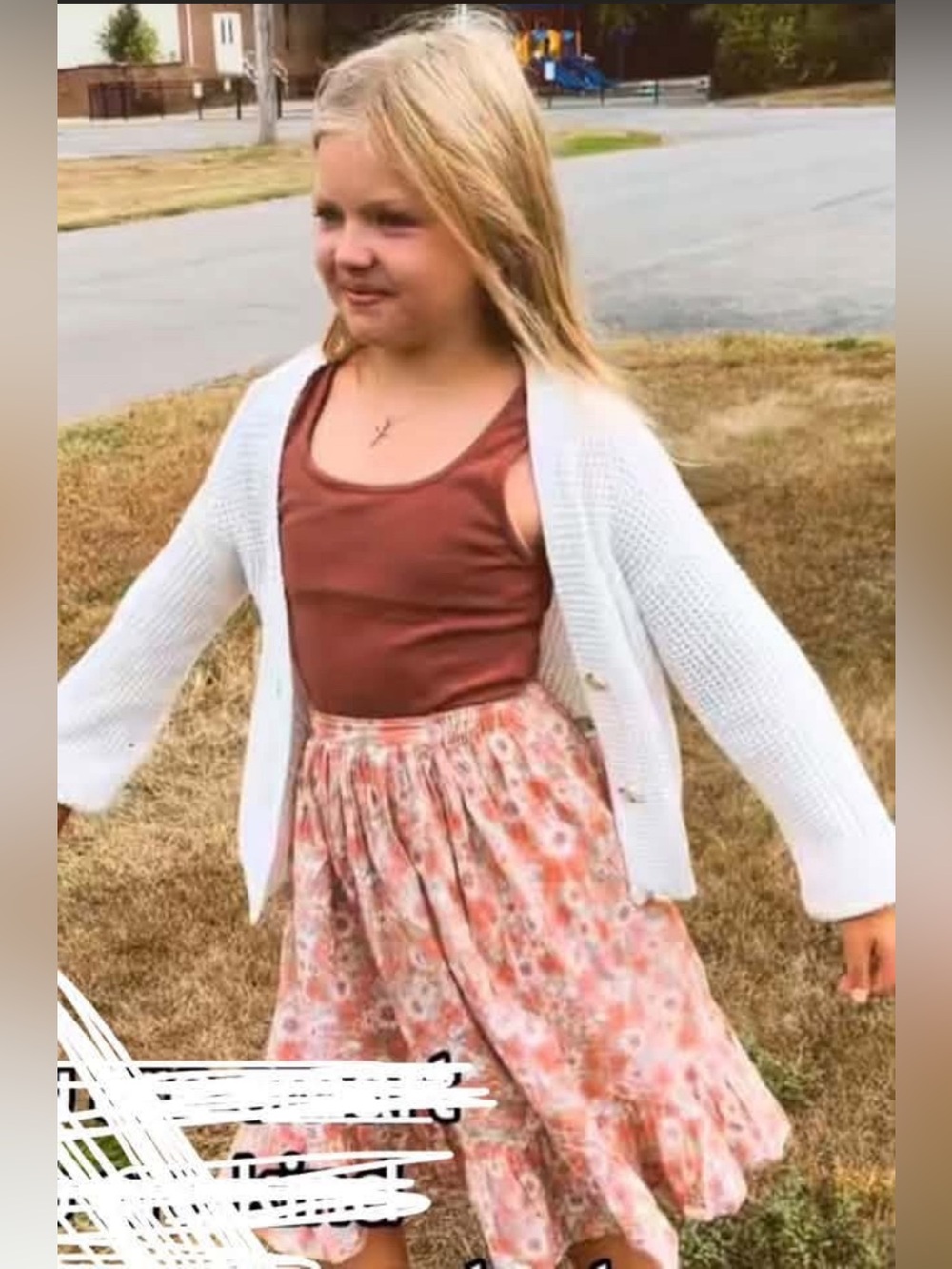 Girls Cream Knit Cardigan & Pink Floral Skirt Matching Set